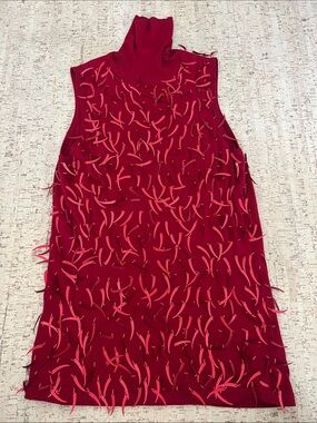Sleeveless Red Mockneck Cattail Fringe Sequin Vintage Dress Avant Garde Silk